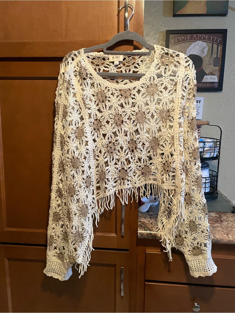 BiBi Ivory Crochet Fringe Knit Top